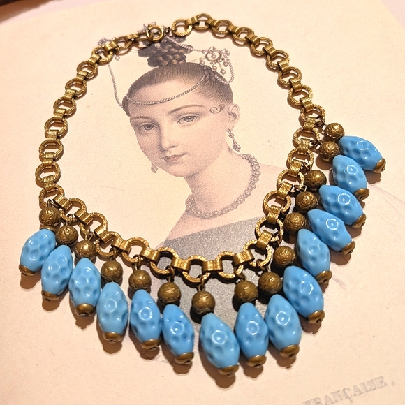 Antique Bookchain Czech Molded Pressed Sky Blue Glass Dangles Choker Necklace - Picture 3 of 8